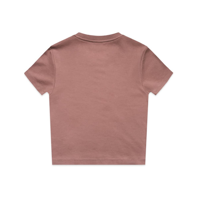 A short-sleeved, dusty pink t-shirt with a simple design and a logo on the back.