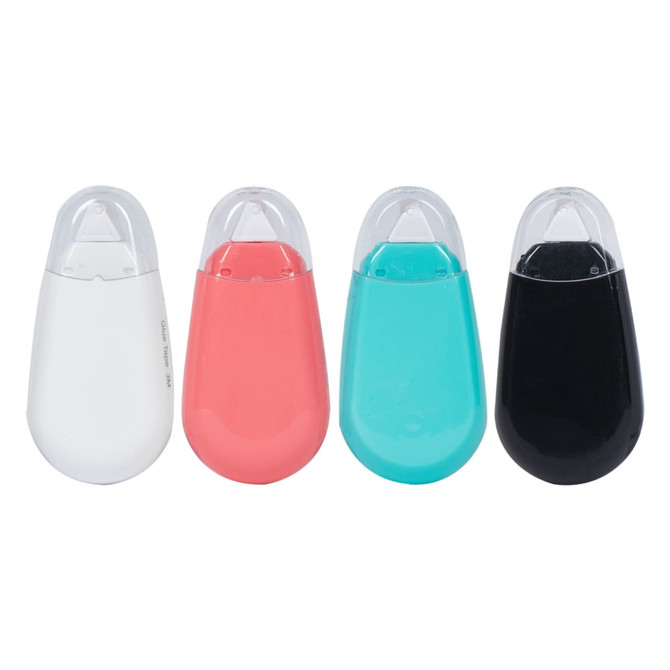 Four glue tape dispensers in white, coral, teal, and black, each with a curved design and transparent lid.