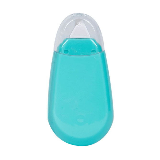 A teal glue tape dispenser with a transparent cap and a rounded shape. It features a logo on the surface.