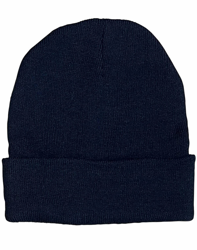 A navy beanie hat with a rolled cuff, made from rPET material, featuring a logo on the side.
