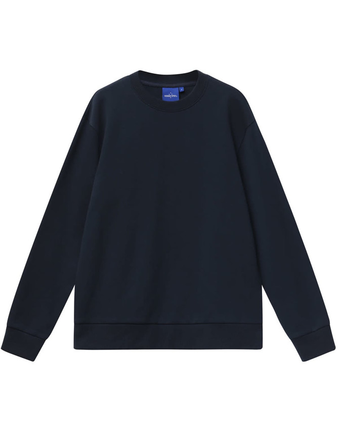 A unisex crew neck sweater in navy blue, featuring long sleeves and a plain design. It has a branding label.