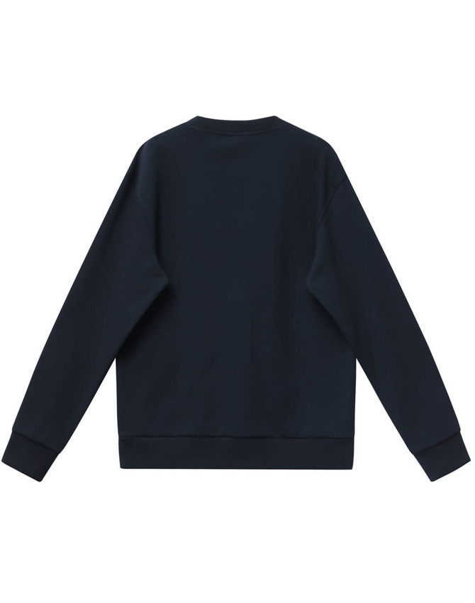 A back view of a navy unisex crew neck sweater featuring long sleeves and a simple design. It has a logo on the back.