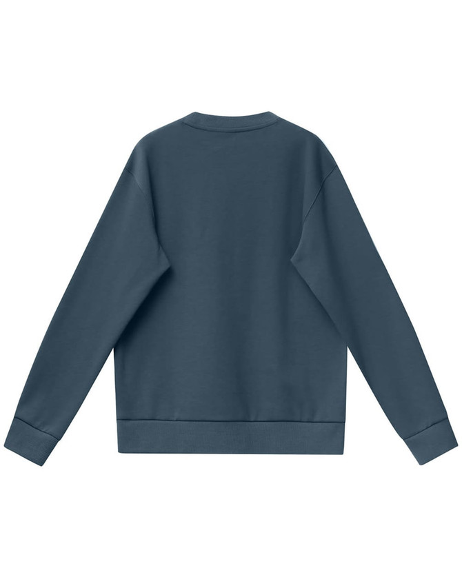 A unisex airlayered crew neck sweater in a dark blue colour, featuring long sleeves and a plain back design.