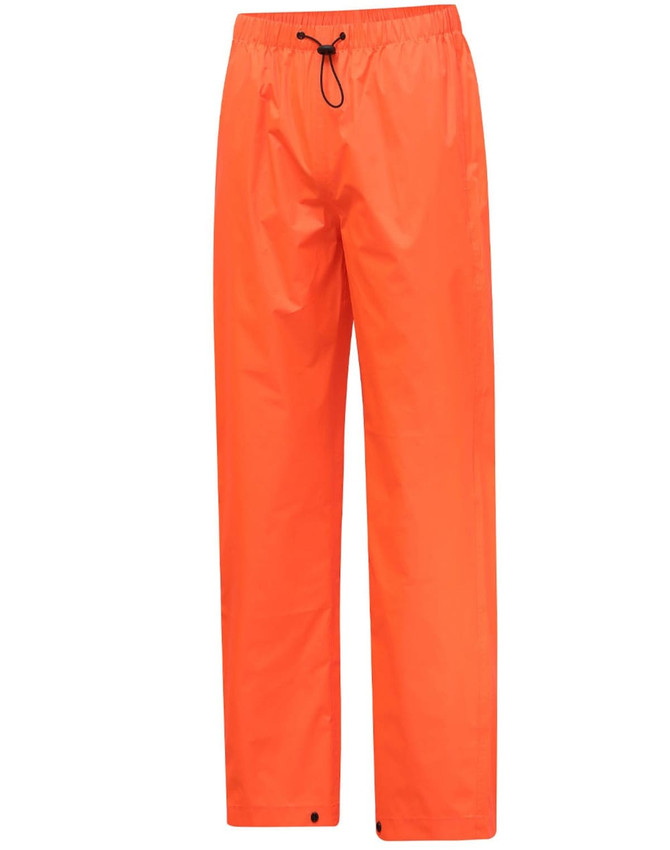 Lightweight nylon waterproof rain pants in bright orange, featuring an elastic waistband and drawstring for a secure fit.