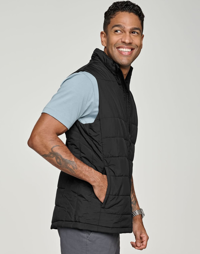 A black insulated puffer vest with a 3D cut, featuring side pockets and a collared neckline.