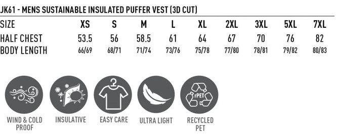 A size chart for a men's sustainable insulated puffer vest, featuring various measurements and key product details.