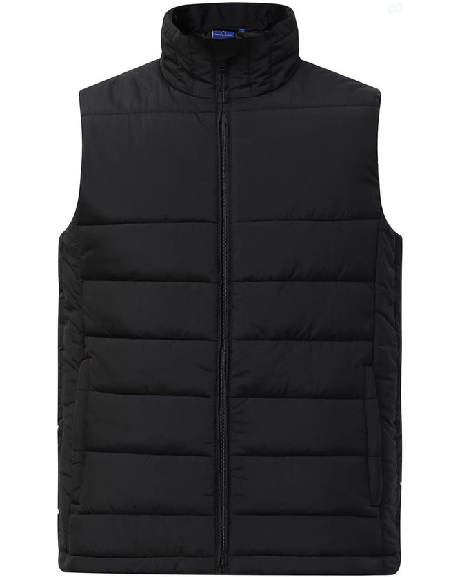 A black insulated puffer vest featuring a high collar and a zip front, designed with a 3D cut. It includes a logo.