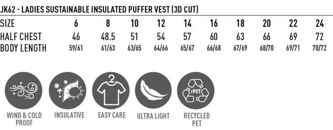 A size chart for a ladies' sustainable insulated puffer vest in various sizes, featuring specifications and care instructions.