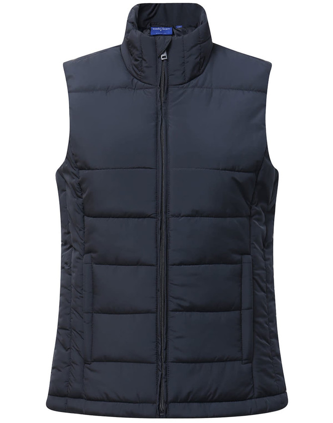 A navy insulated puffer vest featuring a 3D cut and front zip, with a logo on the collar.