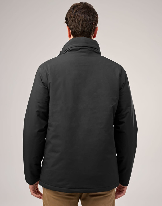 A unisex quilted waterproof jacket in black, featuring a high collar and a simple design, with a branding logo on the back.