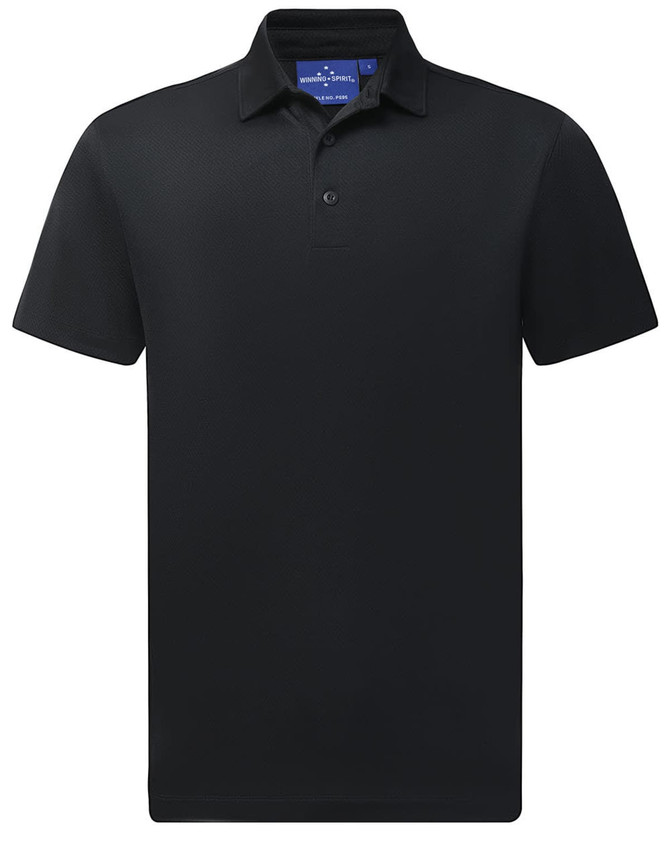A black men's sustainable jacquard knit short sleeve polo with a collar and a logo on the label.