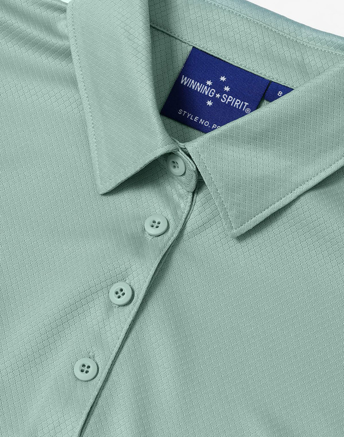 A light green ladies' sustainable jacquard knit short-sleeve polo with a collar and buttons, featuring a logo.