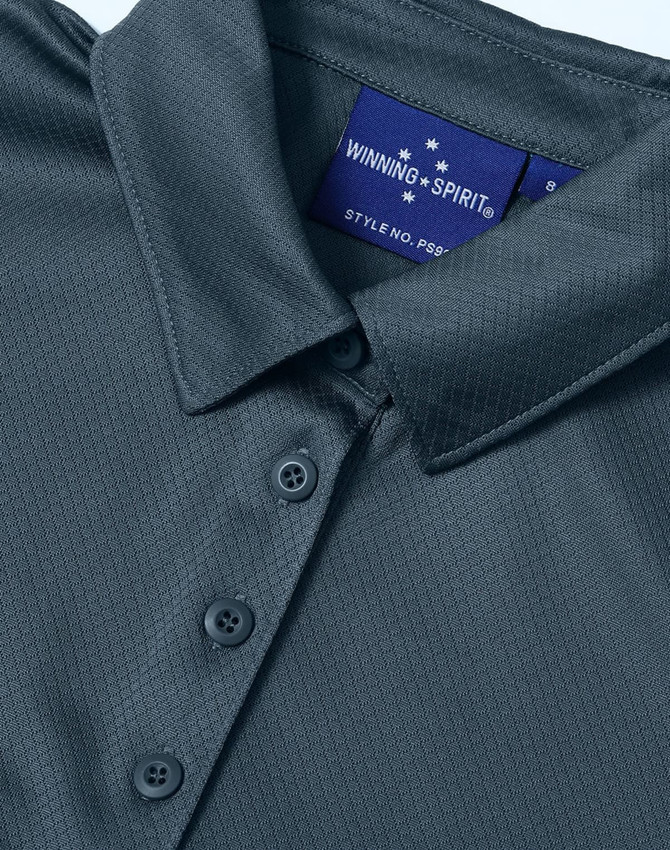 A dark grey sustainable jacquard knit short-sleeve polo with a collar and buttons, featuring a logo on the inside.