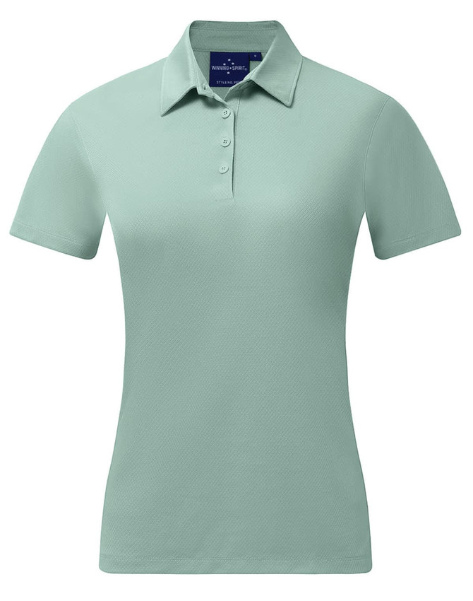 A mint green ladies' sustainable jacquard knit short sleeve polo with a collared neckline and three buttons.