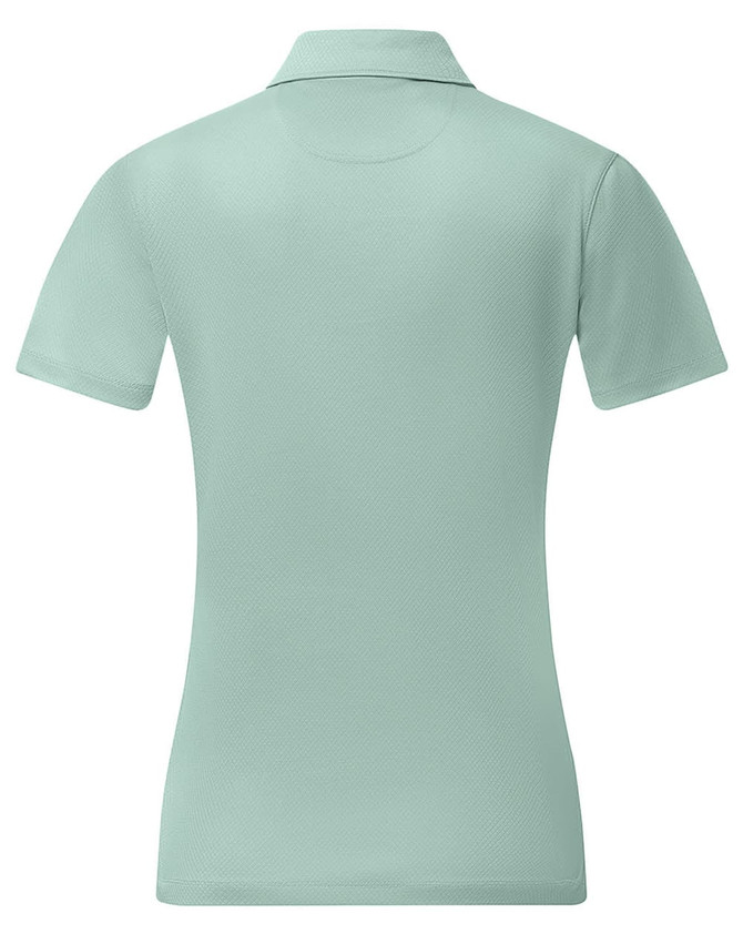 A light mint green ladies' sustainable Jacquard knit short-sleeve polo shirt, featuring a collar and a branding logo.