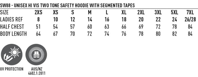 A table featuring size measurements for the Hi-Vis Two Tone Safety Hoodie with segmented tapes, including various sizes and dimensions.