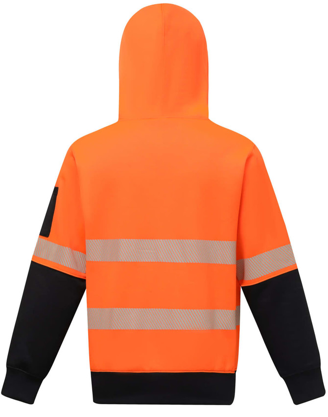 A safety hoodie featuring a hi-vis orange body with black sleeves and segmented reflective tape for visibility.