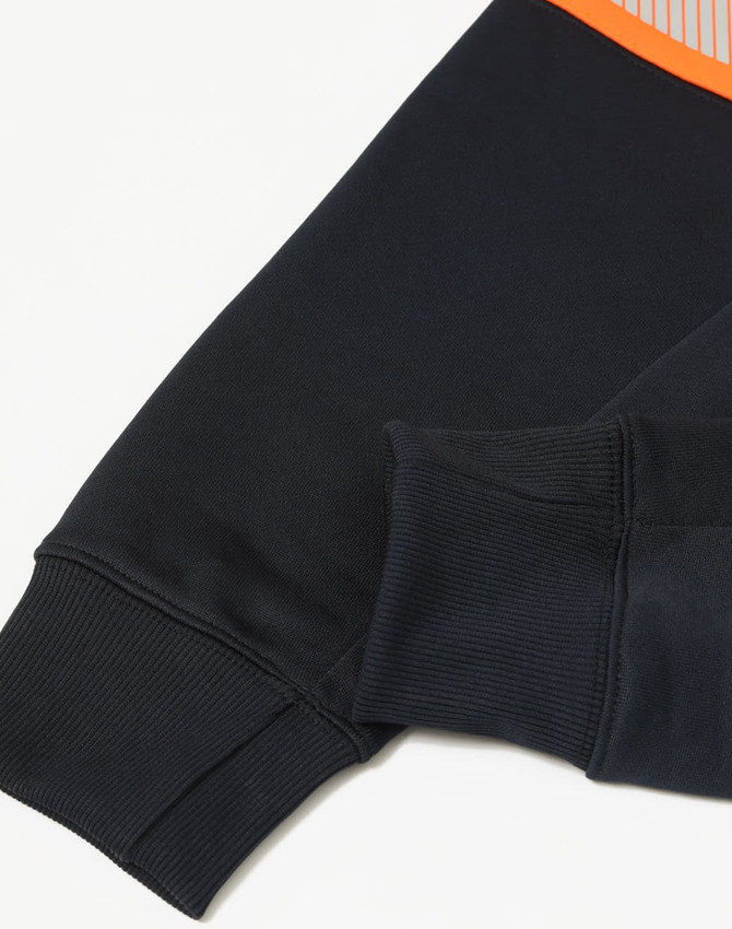 A black safety hoodie featuring segmented reflective tapes on the shoulder, with ribbed cuffs. It has a logo.