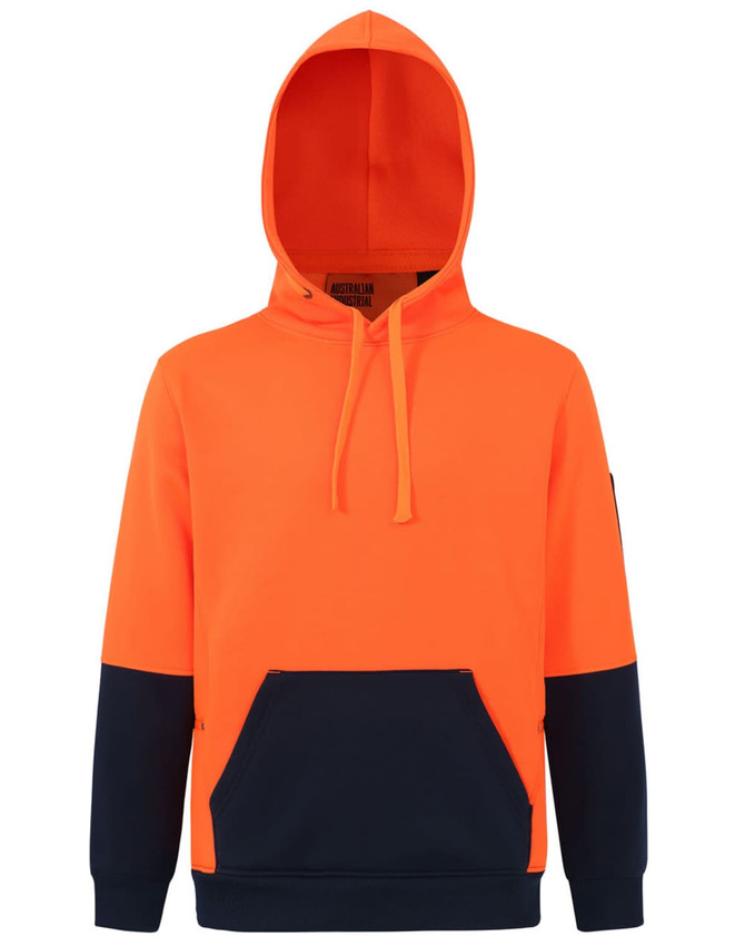 A bright orange and navy two-tone water-resistant fleece hoodie featuring a hood and front pocket. Includes a logo.