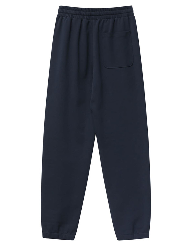 A pair of navy unisex sweatpants with an elastic waistband and a single back pocket.