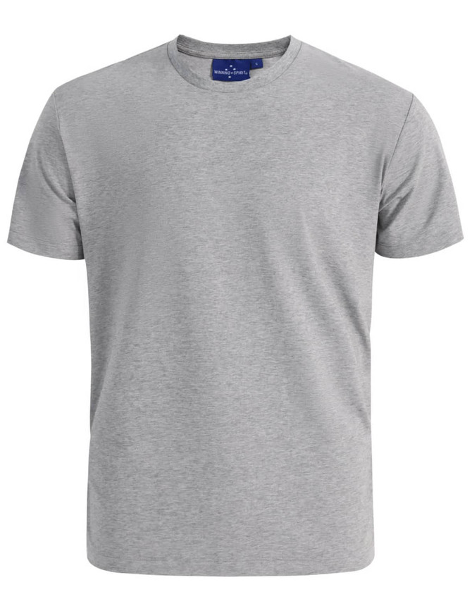 A grey men's premium cotton short sleeve t-shirt with a crew neckline and a logo on the label.