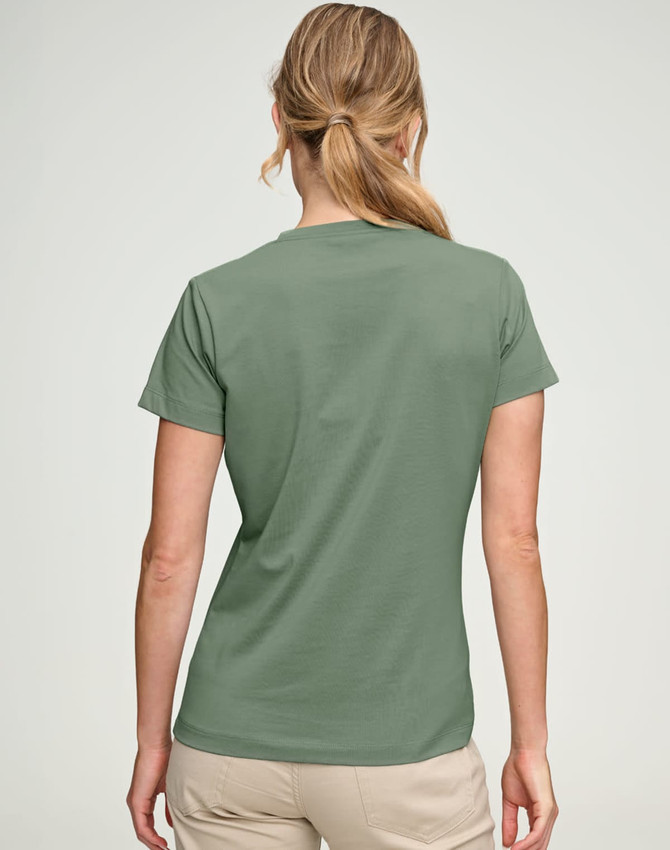 A women's short-sleeve tee shirt in a soft green shade, featuring a plain back and a fitted design.