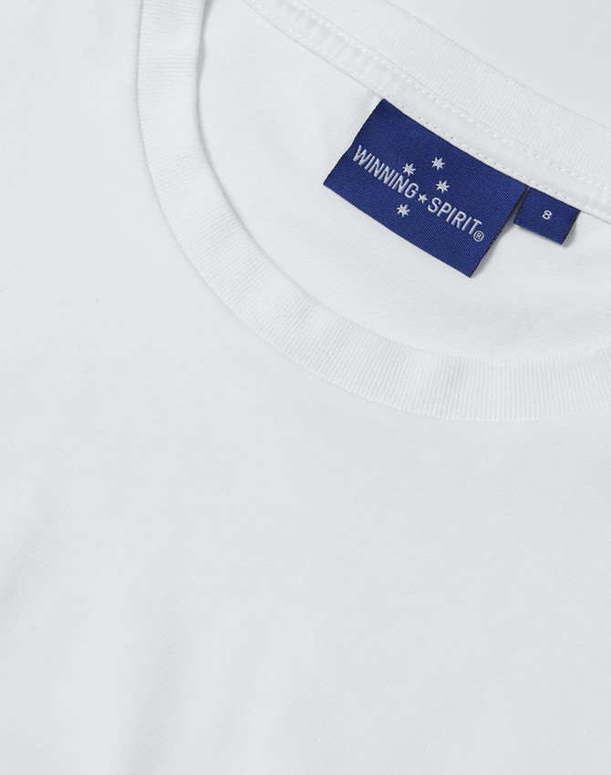 A white premium cotton short-sleeve tee shirt with a branded tag.