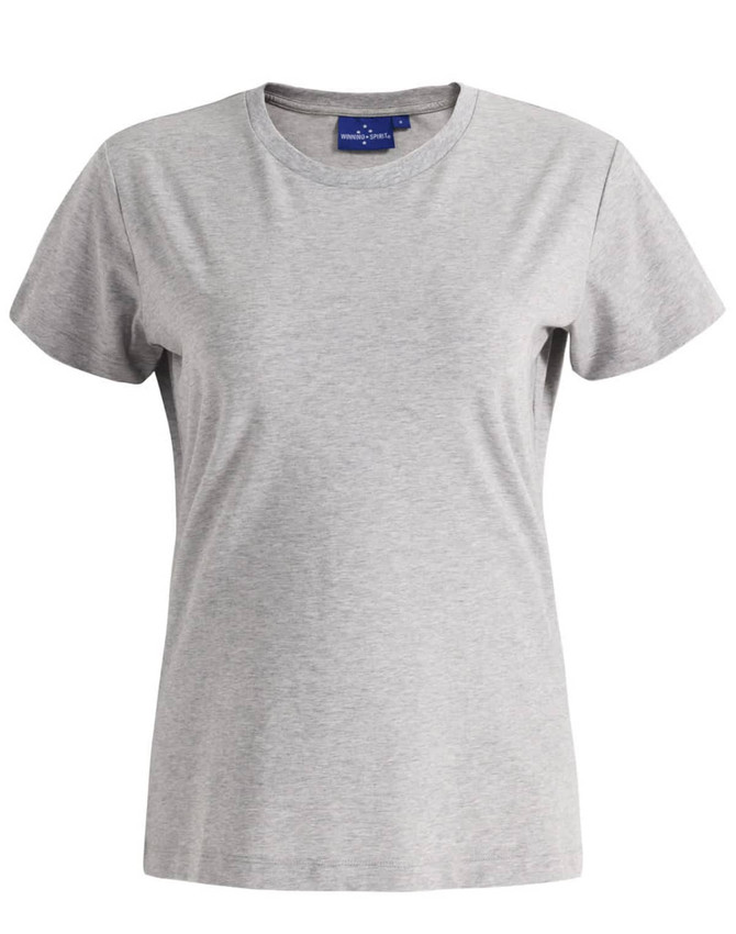 A grey premium cotton short-sleeve tee shirt for women, featuring a round neckline and a simple design.