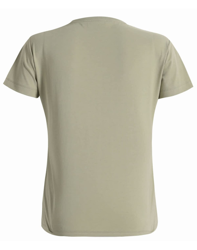 A back view of a ladies' premium cotton t-shirt in a muted olive green shade, featuring short sleeves and a plain design.