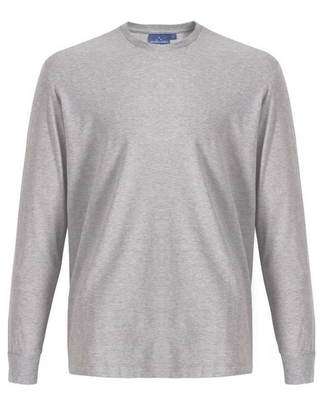 A grey long-sleeve tee shirt made from premium cotton, featuring a crew neck and a logo.