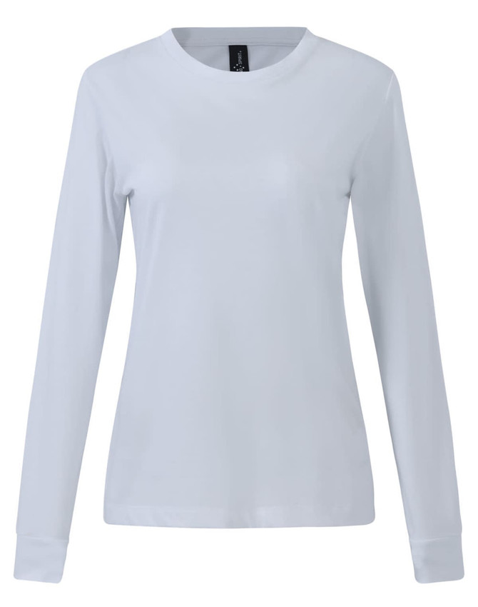 A white long-sleeve tee shirt for ladies made of premium cotton, featuring a logo on the label.
