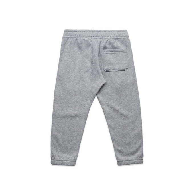 A pair of grey kids' track pants with an elastic waistband and a back pocket. Features a logo.