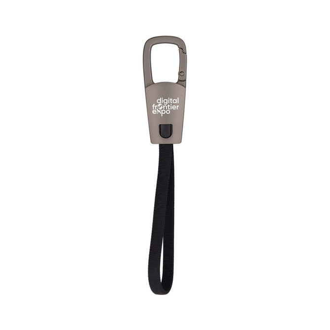 A grey carabiner clip with a black strap, featuring a branding logo on the front.
