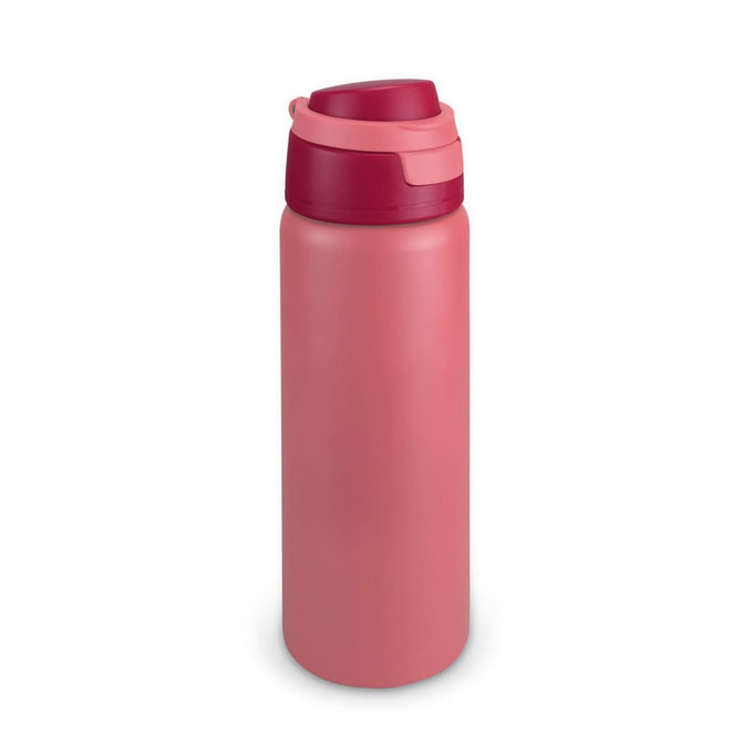 A drink bottle in shades of pink with a matching lid and a logo on the body.