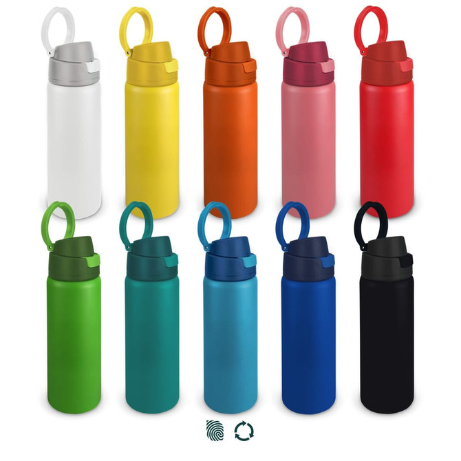 A drink bottle collection featuring various colours, including white, yellow, orange, pink, red, green, teal, blue, and black. Each bottle has a handle and a logo.