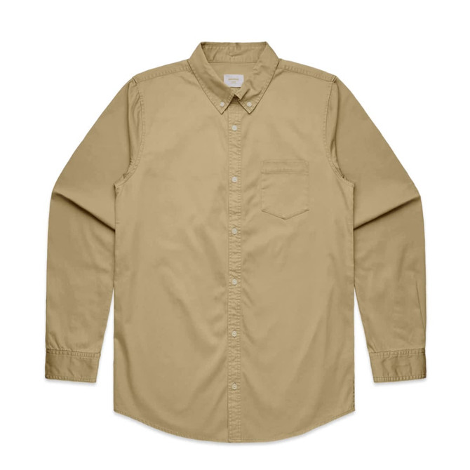 A button-up shirt in a light beige colour with long sleeves and a single chest pocket. It has a logo.