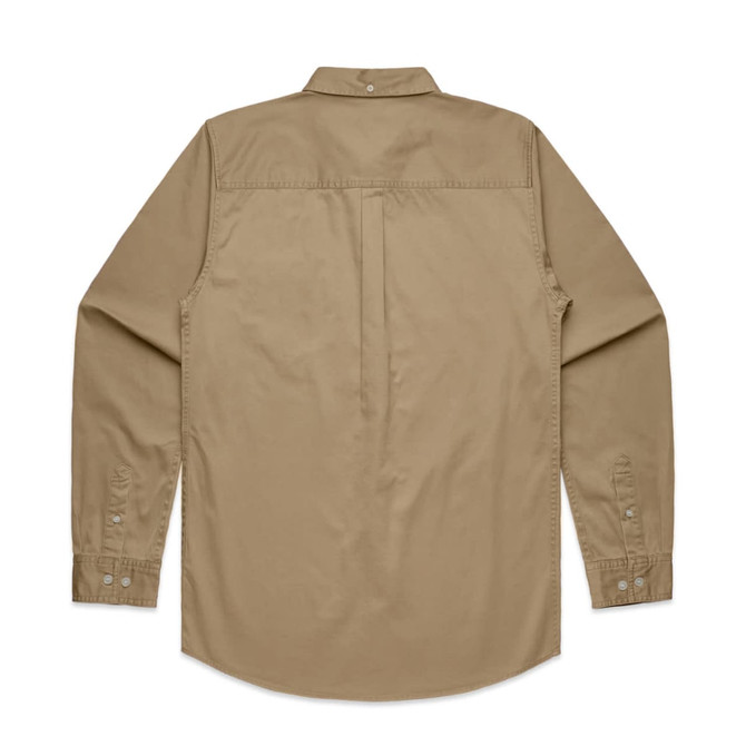 A beige denim wash shirt with long sleeves and a buttoned collar, featuring a plain back design.