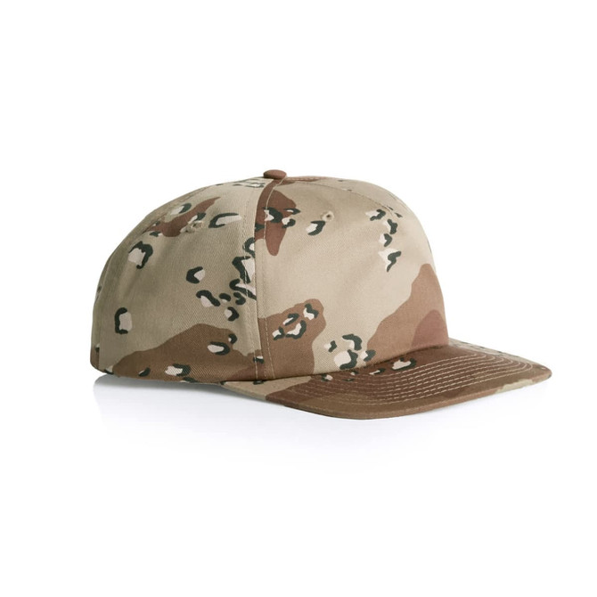 A camo cap featuring shades of brown, beige, and green, with a structured fit and a logo on the front.