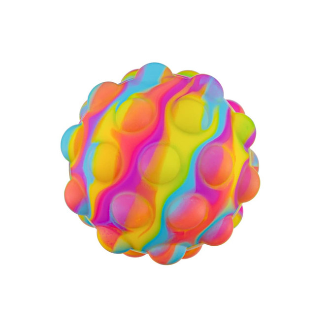 A brightly coloured, spherical popper ball featuring a mix of pink, yellow, blue, and orange patterns with raised bubbles.