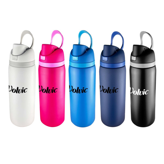 A drink bottle collection featuring white, pink, blue, navy, and black options, each with a carry handle and logo.