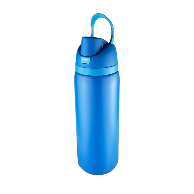 A drink bottle in vibrant blue with a secure lid and sturdy handle. It features a logo on the side.
