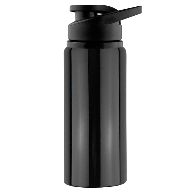 A drink bottle in sleek black with a flip-top spout and a logo on the side.