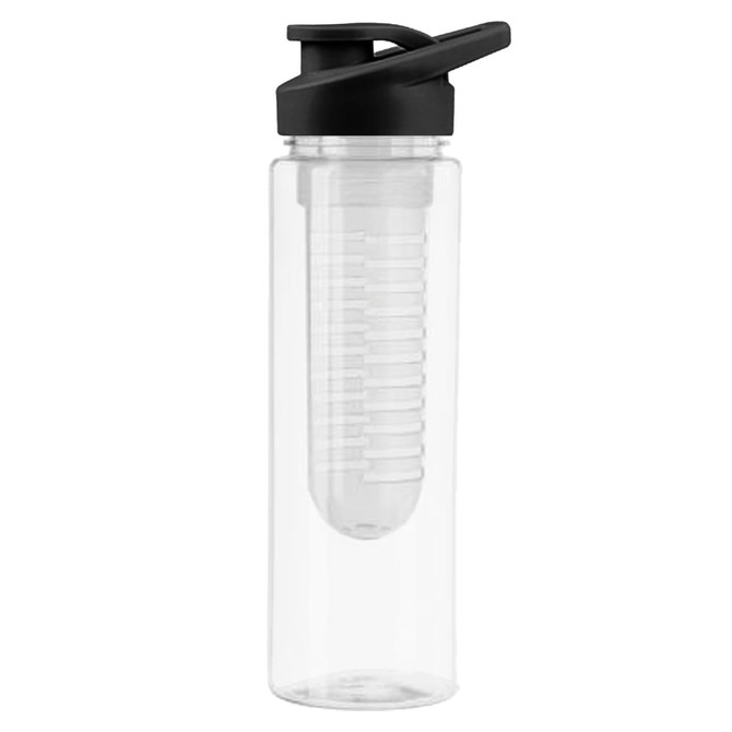A drink bottle in clear plastic with a black lid and infuser design for adding fruit or flavour.