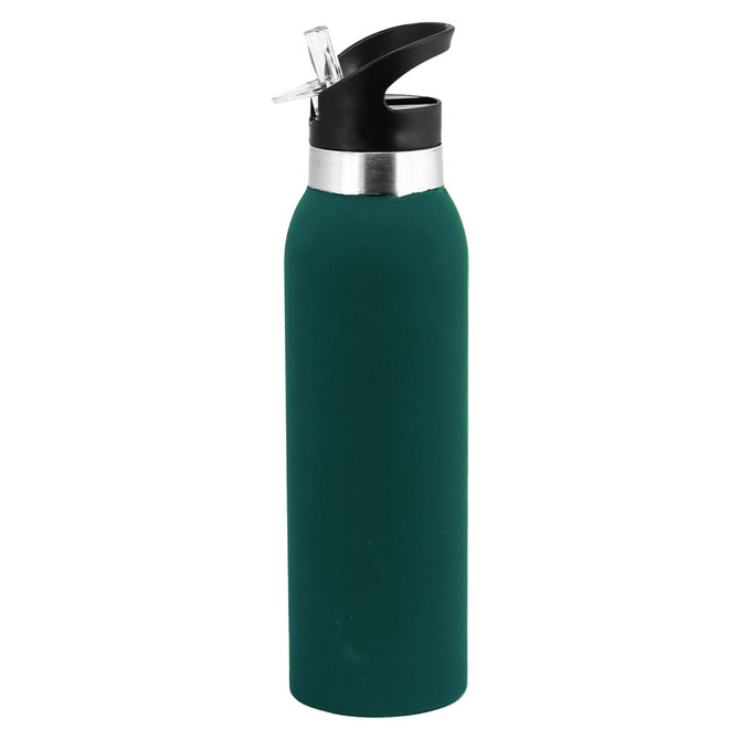 A drink bottle in a deep green hue with a black lid and silver detailing, featuring a logo on the side.