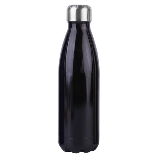 A drink bottle in sleek black with a stainless steel cap, featuring a logo on its surface.