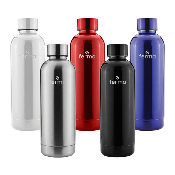 A drink bottle collection featuring stainless steel, red, black, white, and blue options, each with a logo.