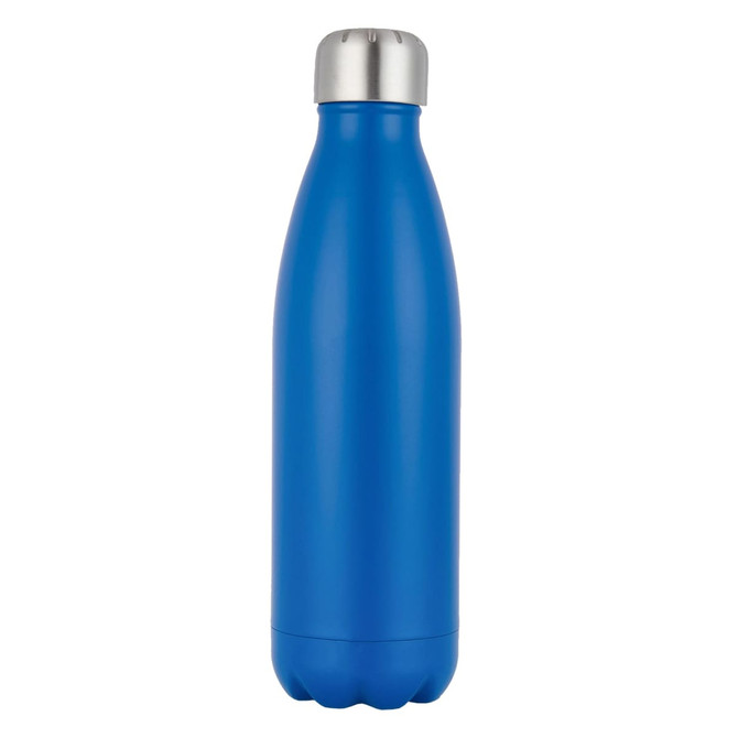 A drink bottle featuring a sleek blue design with a silver metal screw top and a logo.