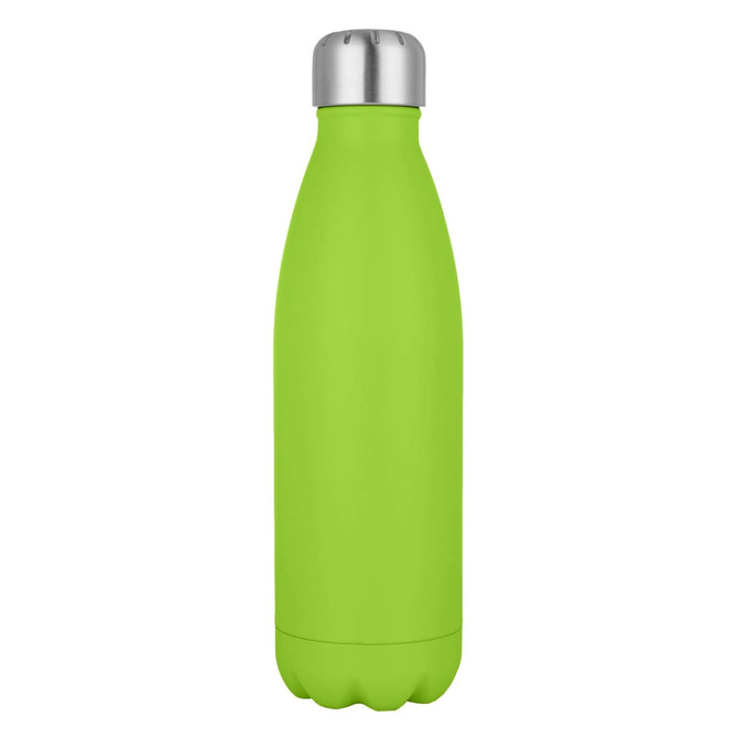 A drink bottle in vibrant green with a silver cap and a smooth, sleek design. It features a logo.