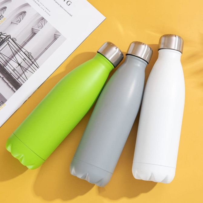 A drink bottle set featuring three colours: green, grey, and white, with stainless steel caps and a sleek design.
