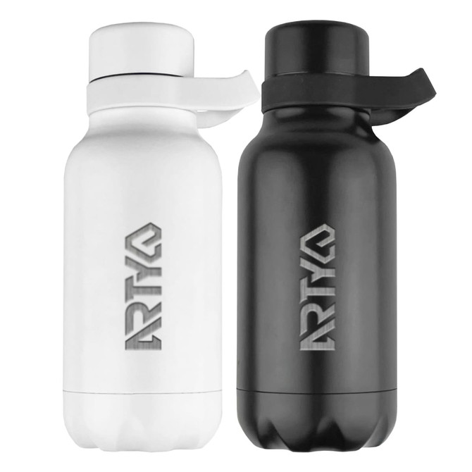 A drink bottle set featuring a white and a black 500ml design, both with a logo and a flip-top lid.